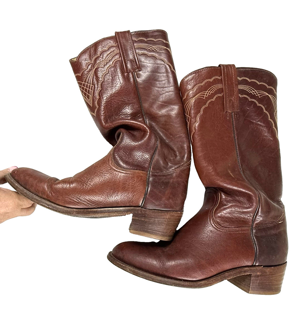Vintage Frye Boots Men style 3029 style 10D embroidered shaft brown Cowboy